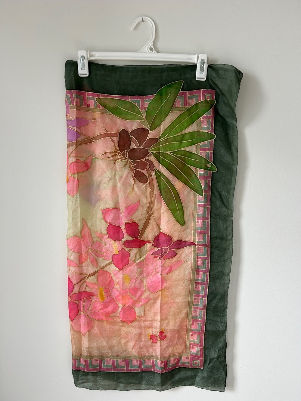 Vintage Pink & Green Floral Silk Scarf Wrap